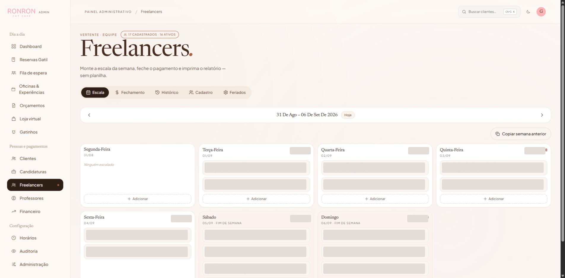 Captura real da área Freelancers do Ronron, com dados privados ocultados