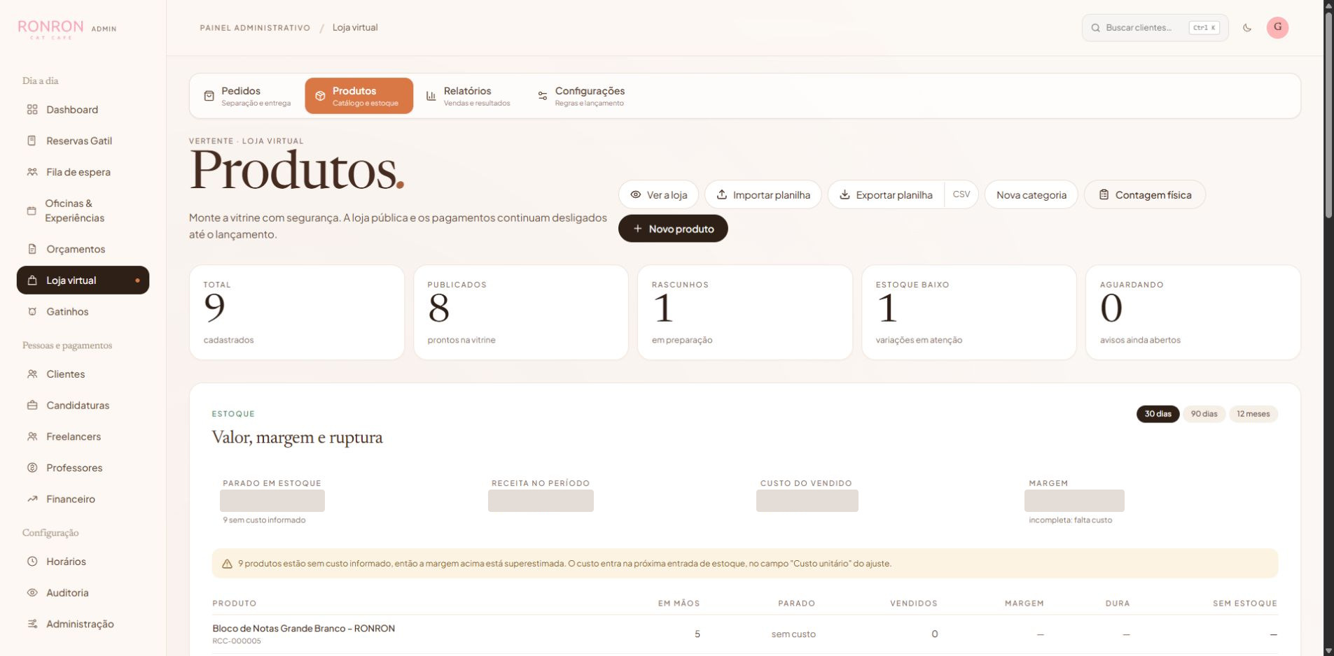 Captura real da área Loja virtual do Ronron, com dados privados ocultados