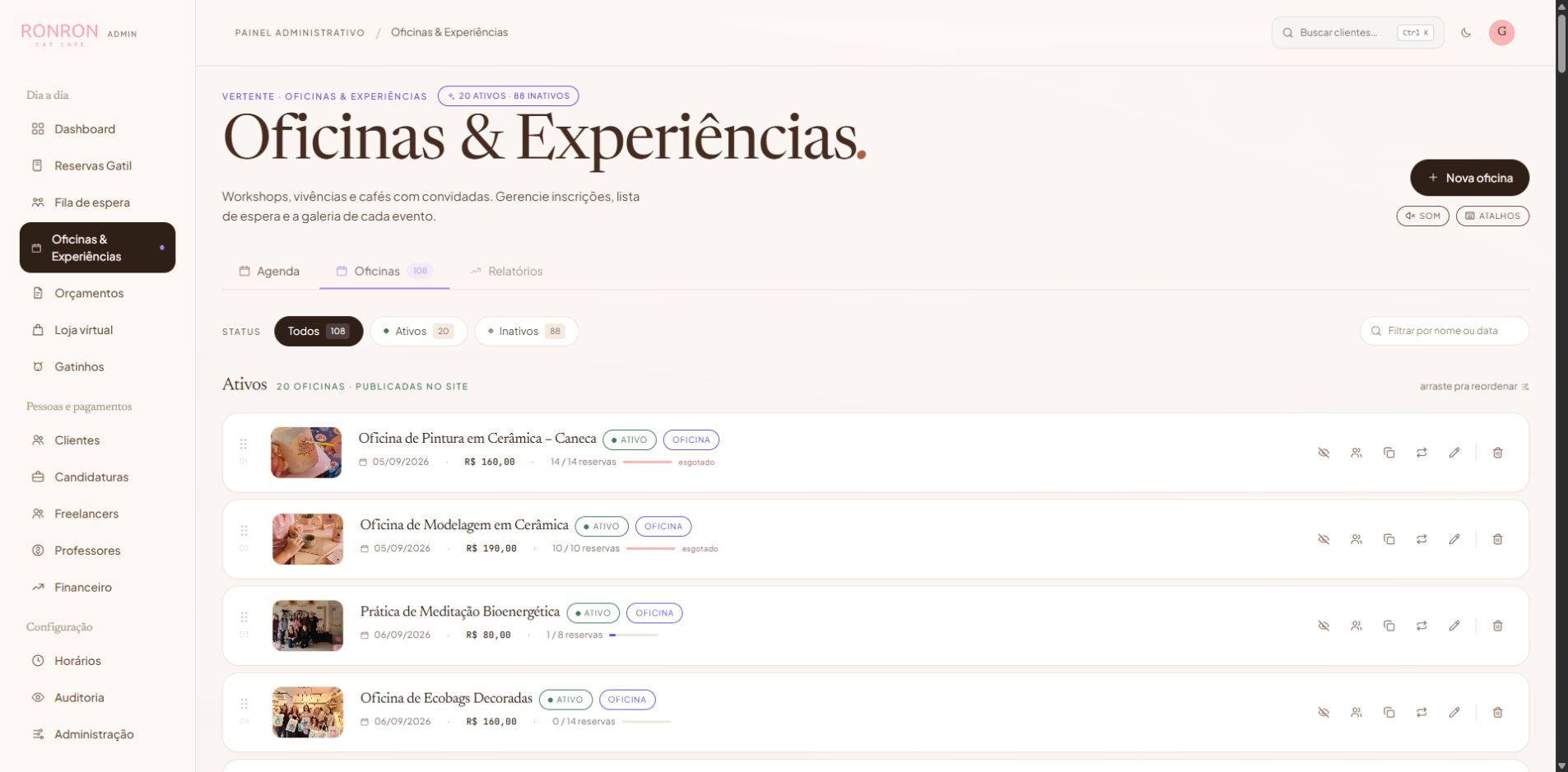 Captura real da área Oficinas & Experiências do Ronron, com dados privados ocultados
